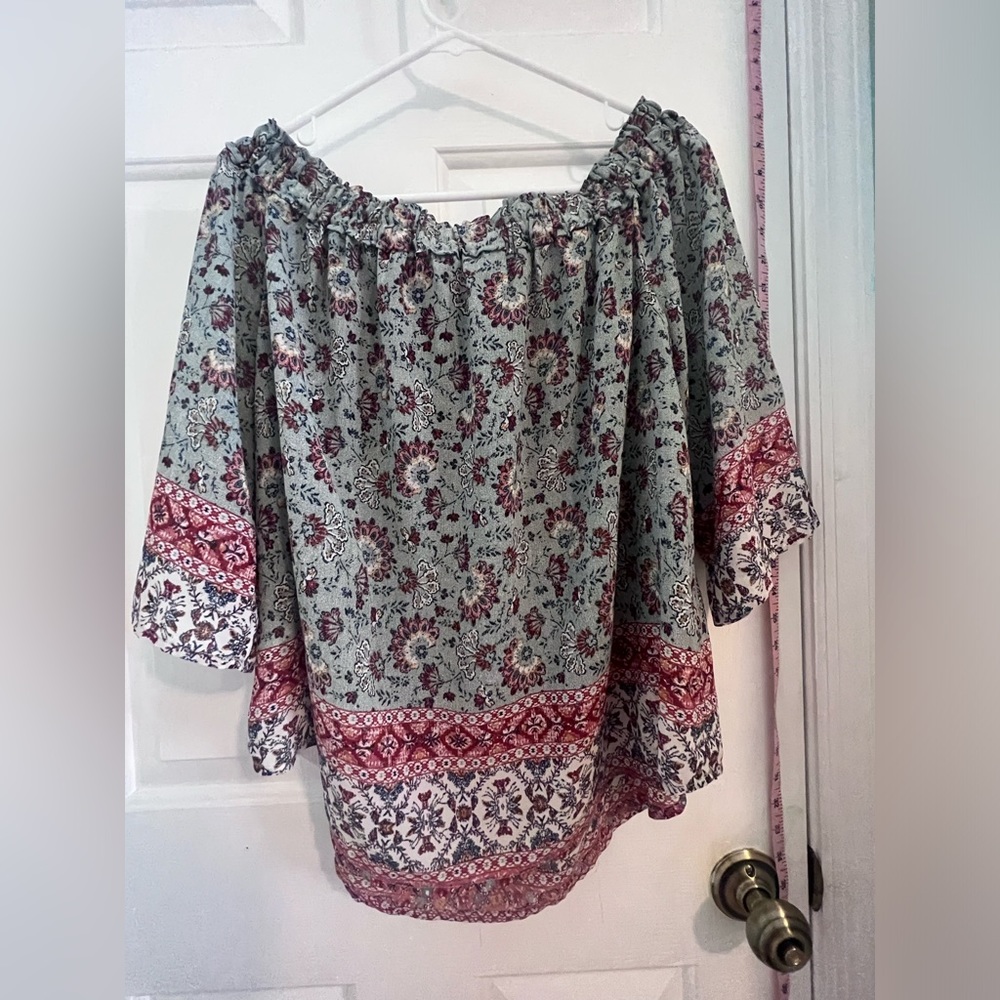 Boho spring blue white floral off the shoulder Knox Rose top blouse shirt sz L